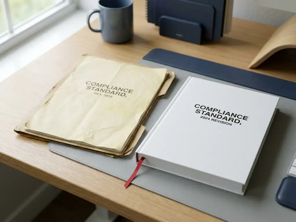 Versleten compliance-document naast herziene 2024-versie op bureau, met rood leeslint bij bijgewerkte sectie.