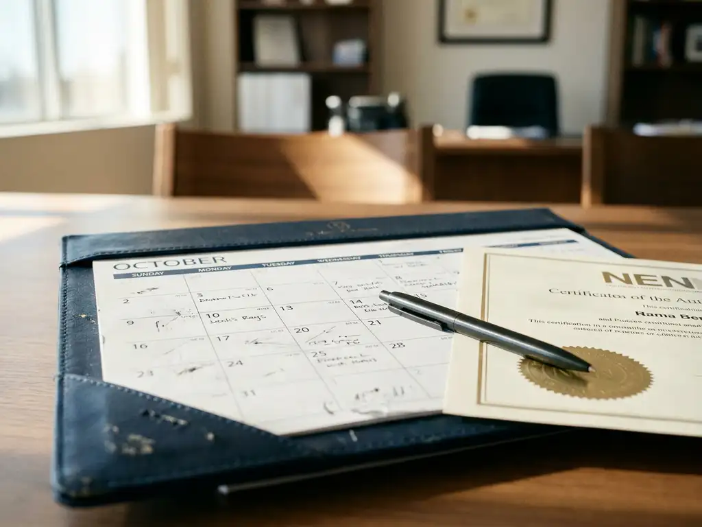 Versleten leren bureaukalender naast een officieel NEN-certificeringsdocument met zegel, pen er diagonaal overheen, warm natuurlijk kantoorlicht.