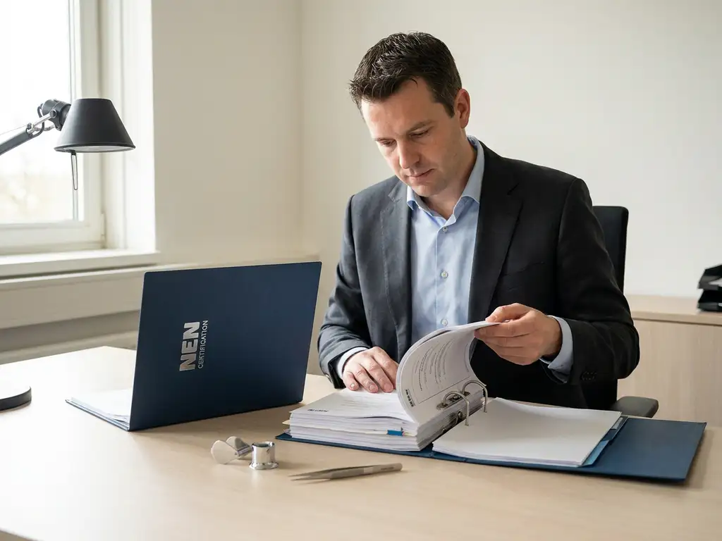 Auditor bestudeert NEN-certificeringsdocumentatie in gestructureerde map op zakelijk bureau, verlicht door natuurlijk zijlicht.