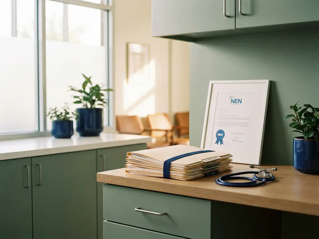 Receptiebalie van een zorgkliniek met geordende compliance-mappen, een NEN-certificeringsdocument en een stethoscoop in zacht natuurlijk licht.