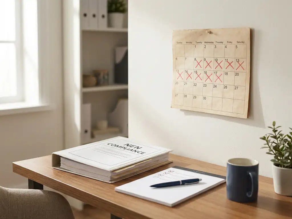 Verouderde papieren kalender met rood doorgestreepte datums naast een open NEN-compliance map en checklist op een modern bureau.