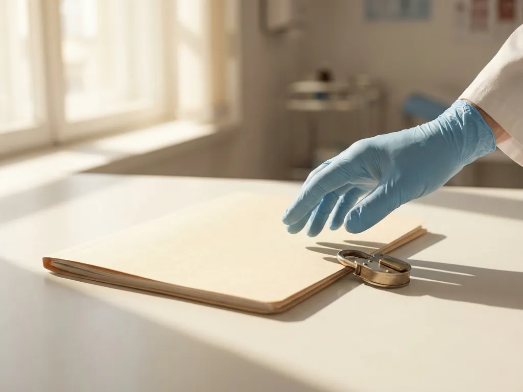 Gehandschoende hand van zorgverlener boven gesloten patiëntendossier met symbolisch hangslot op klinisch bureau.
