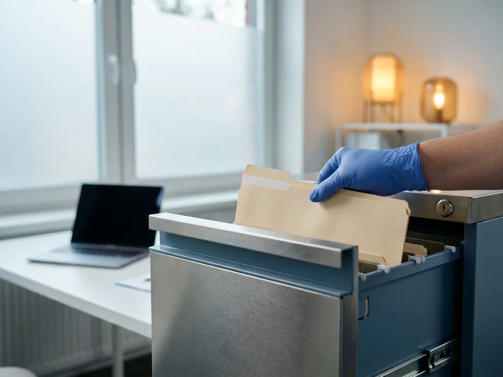 Handgeschoenede zorgprofessional plaatst verzegeld patiëntdossier in beveiligd metalen archiefsysteem, laptop zichtbaar op achtergrond.