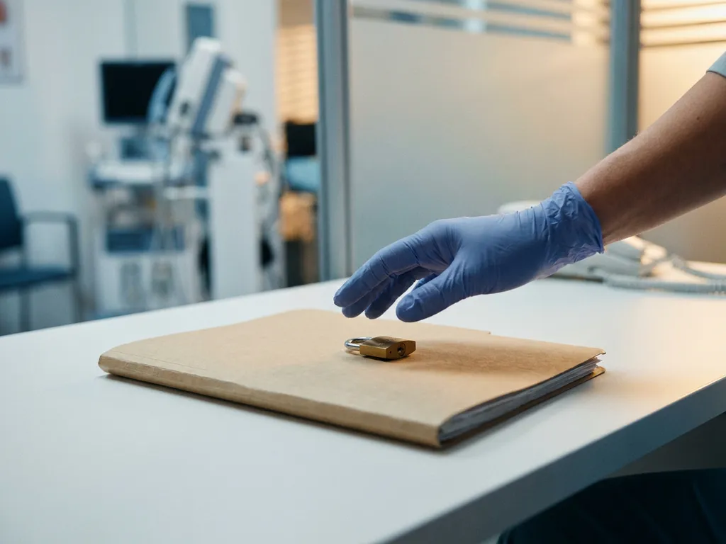 Gehandschoende hand van zorgverlener boven afgesloten patiëntdossier met hangslot op klinisch bureau.