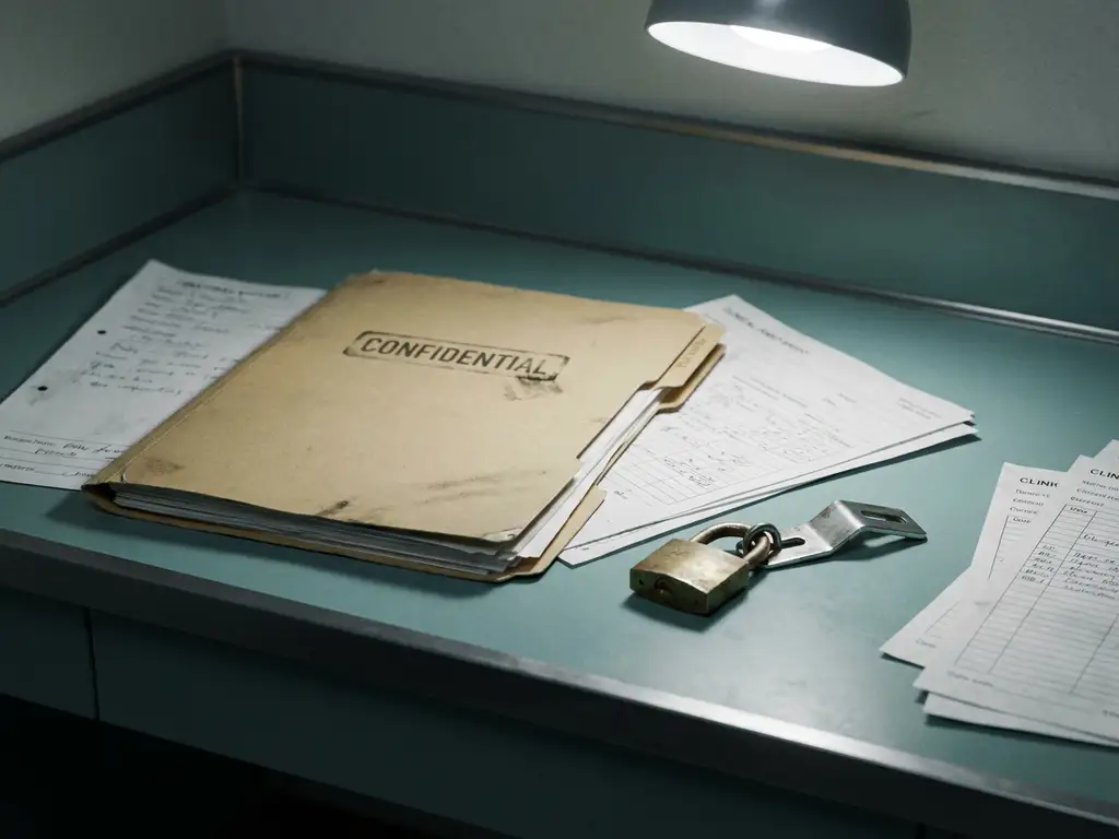 Opengevallen patiëntendossier op klinisch bureau met vertrouwelijke medische documenten en een gebroken hangslot ernaast.
