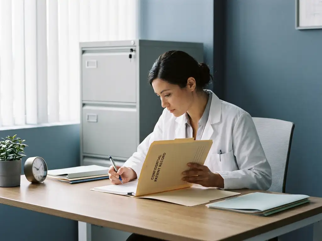 Zorgprofessional in witte jas bekijkt beveiligde patiëntendossiers aan klinisch bureau, vergrendeld archiefkast op achtergrond.