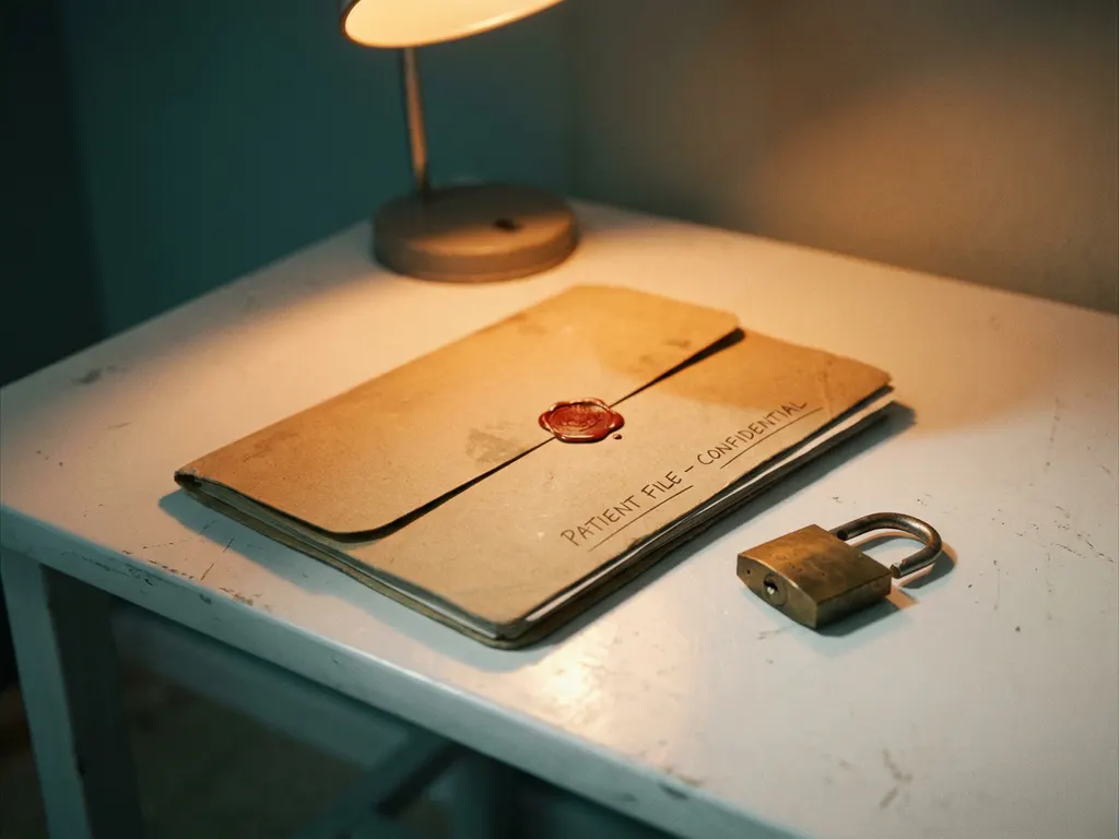 Verzegelde patiëntmap op wit bureau met opengebroken hangslot, dramatisch amberkleurig lamplight, sfeer van datalekrisico.