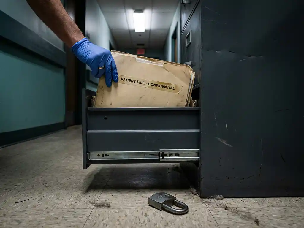 Gehandschoende hand die een dik patiëntendossier uit een stalen archiefkast trekt, opengebroken hangslot op de vloer in een klinische gang.
