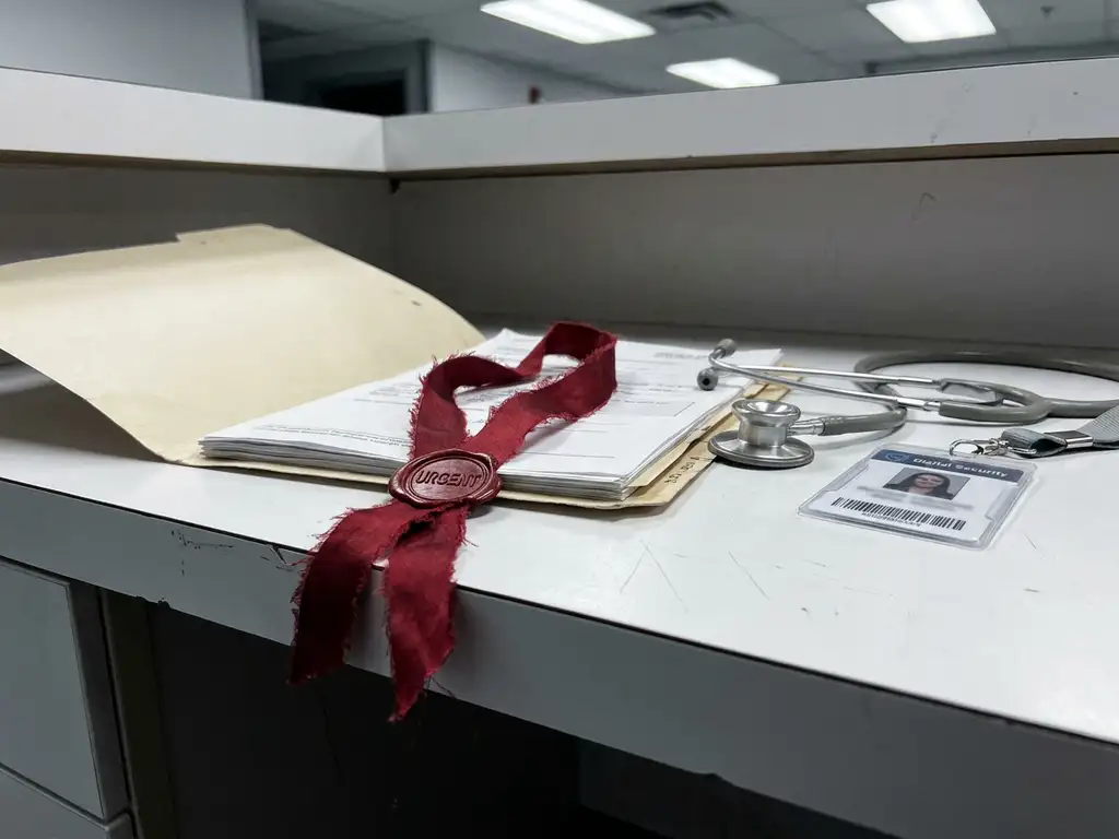 Opengevouwen officieel documentmap met rood URGENT-lint op ziekenhuisdesk, stethoscoop en digitale beveiligingspas ernaast.