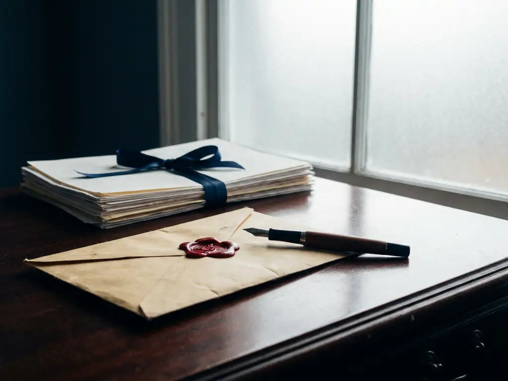 Verzegelde manila envelop met rood zegellak op een bureautafel, naast een formeel rapport en een vulpen.