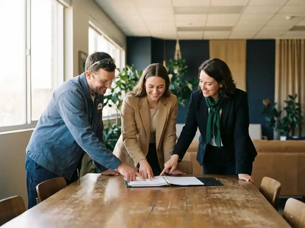 Fabrieksmedewerker, kantoormanager en leidinggevende bekijken samen een map aan een vergadertafel in warm natuurlijk licht.
