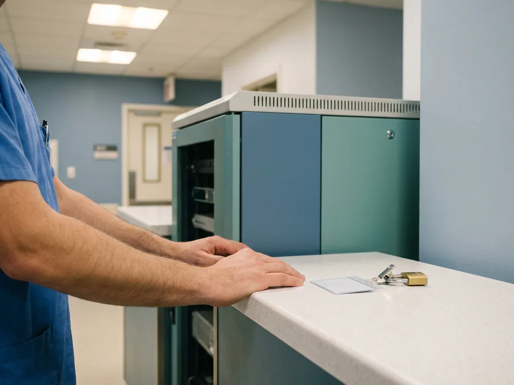 Handen van een zorgprofessional naast een beveiligde serverrack in een klinische gang, met een ziekenhuispas en hangslot op de voorgrond.