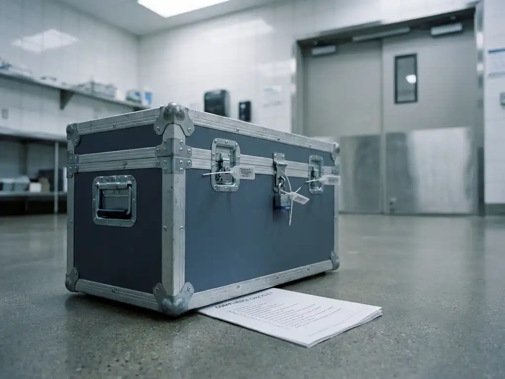 Beveiligde leveringskrat met tamper-evident zegels op een klinisch ontvangstdok, met een compliance checklist eronder.