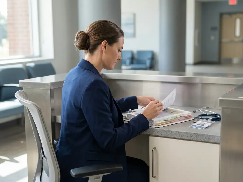 Zorgadministrateur bekijkt compliance-map aan receptiebalie met stethoscoop en ID-badge, ziekenhuis op de achtergrond.