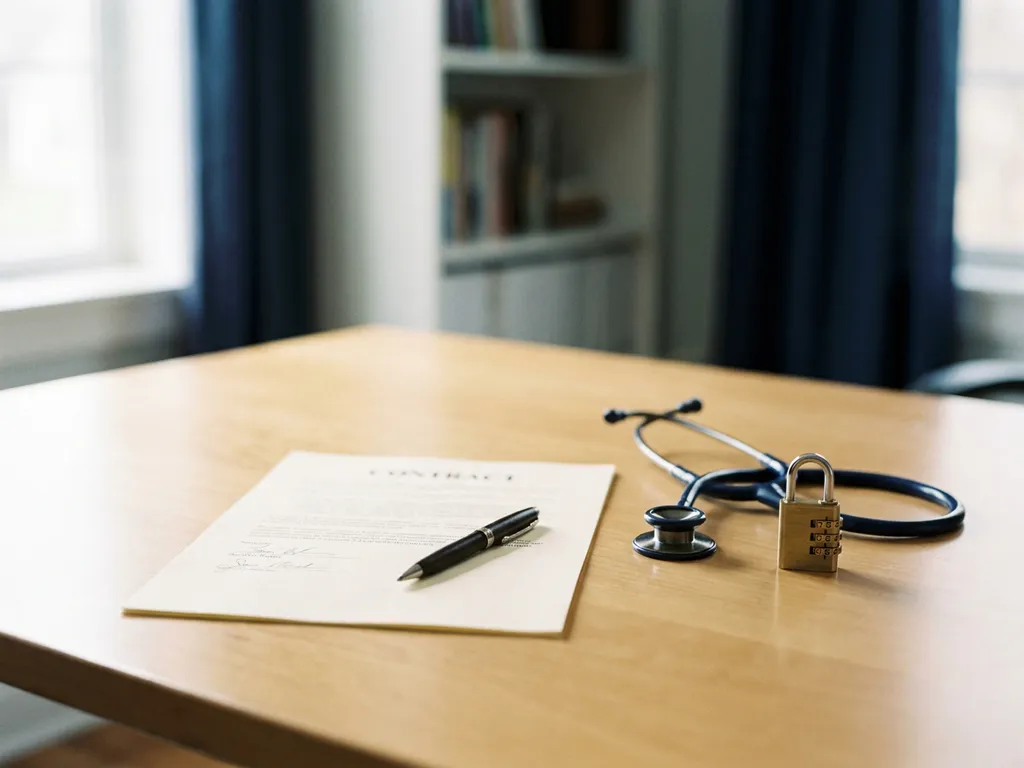 Ondertekend zorgcontract op bureau naast stethoscoop en hangslot, symbolen van vertrouwelijkheid in medisch advies.