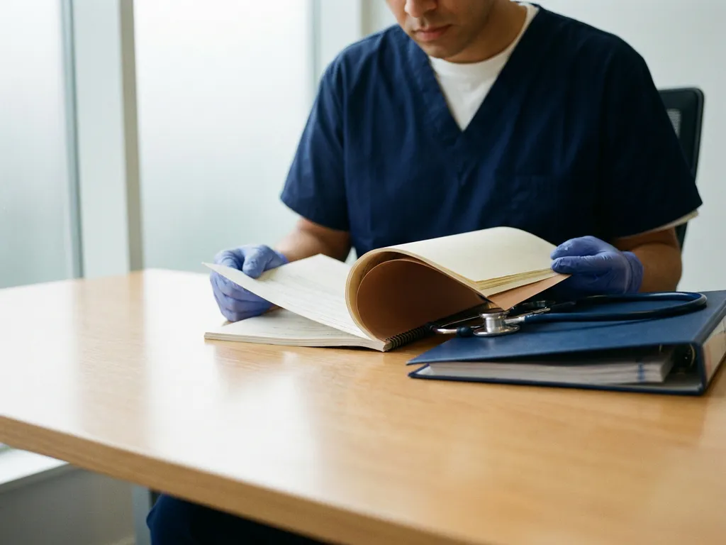 Zorgprofessional in scrubs bestudeert compliance document aan bureau met stethoscoop en ordner, zacht natuurlijk licht.