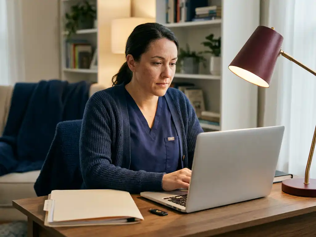 Zorgprofessional werkt op laptop aan thuiswerkplek met gesloten patiëntdossier en beveiligingssleutel, zachte lampverlichting.