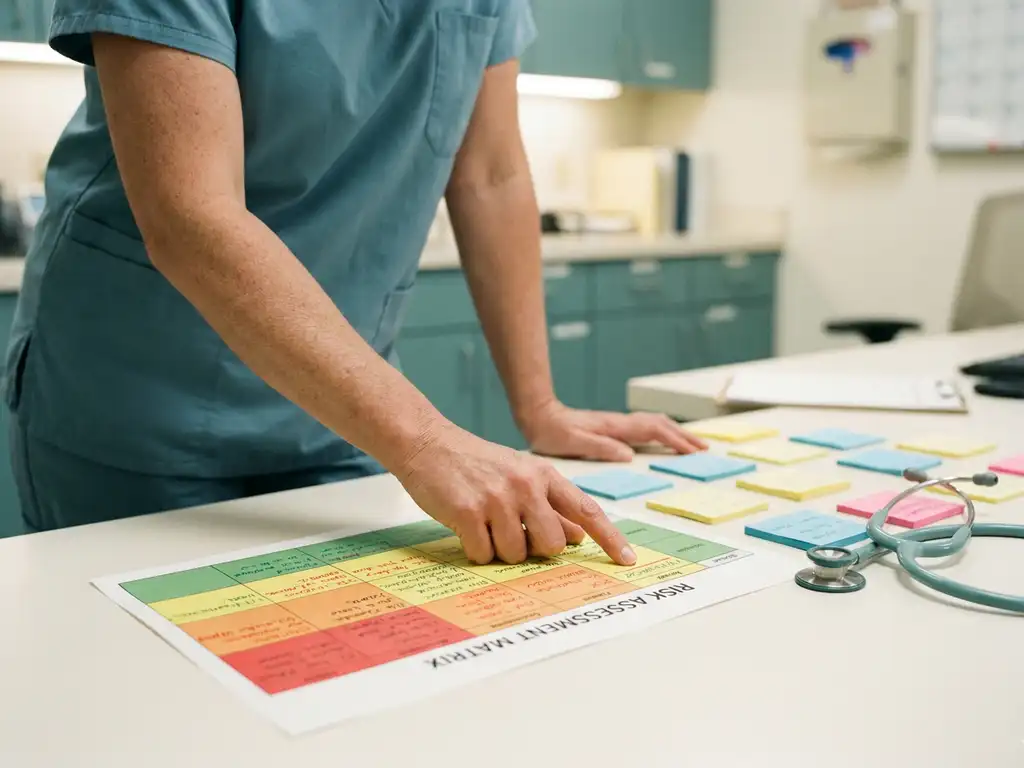 Zorgprofessional in scrubs bestudeert kleurgecodeerde risicomatrix op klinisch bureau met stethoscoop en sticky notes.