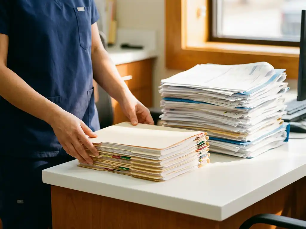 Handen van kleine zorgaanbieder schikken nette stapel compliance documenten naast grotere concurrerende stapel op wit bureau.